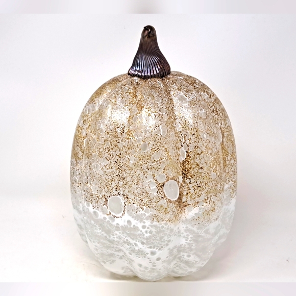 Large Art Glass Gold And White Pumpkin With Irridecent Stem - Picture 4 of 5